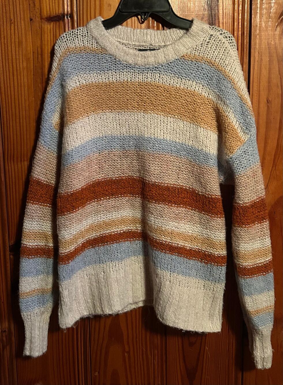 American Eagle women’s striped sweater oversized brown tan cotton small